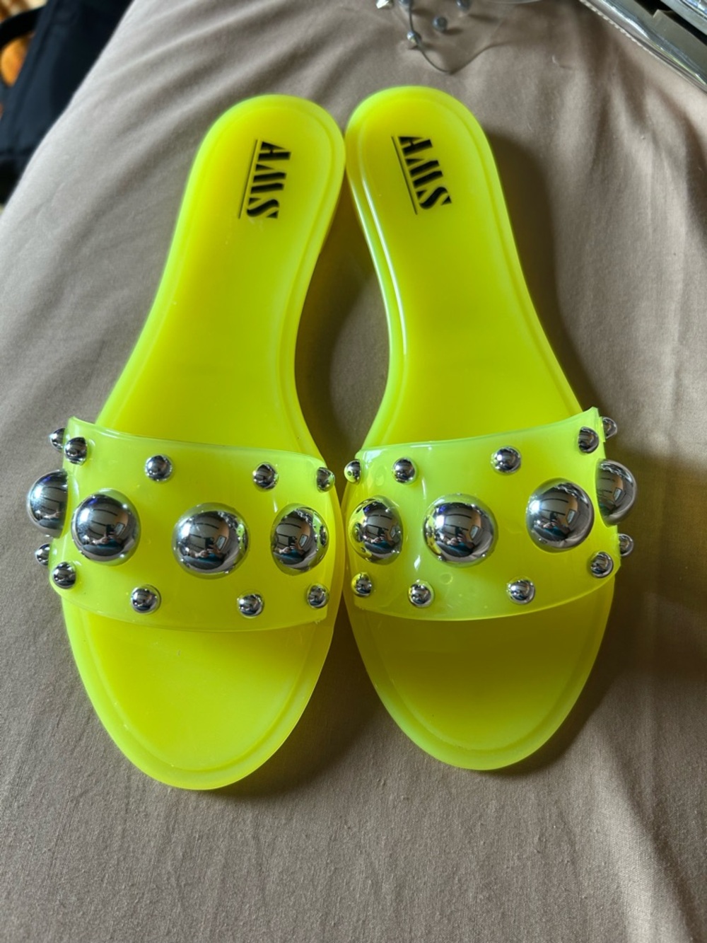 Neon Yellow AMS Jelly Slide Sandals with Silver Studs size 7